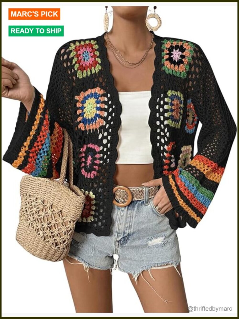 Trendy Floral Crochet Cardigan Open Front Boho Sweater Top